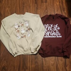 Set Of 2 Gildan Winter Scene Snow / Deer Sweatshirts Size Medium